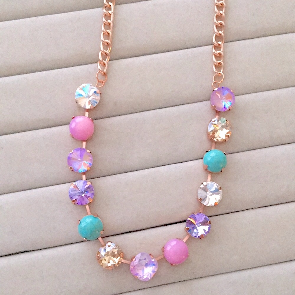 Turquoise, Violet Purple,Pink +Champagne Topaz Rose Gold Crystal Tennis Necklace - Picture 5 of 13